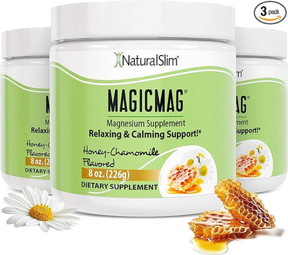 NaturalSlim Magicmag Pure Magnesium Citrate Powder Stress, Constipation, Muscle, Heart Health, and Sleep Support | Honey Chamomile Flavored Magnesium Supplement - 8oz Drink Mix (3 Pack)