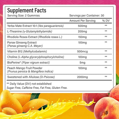 60 Yerba Mate Gummies - Formulated with L-Theanine, Rhodiola Rosea, Ginseng, Choline, B12 – Peach Mango Flavor – Vegan, Gluten-Free, Non-GMO