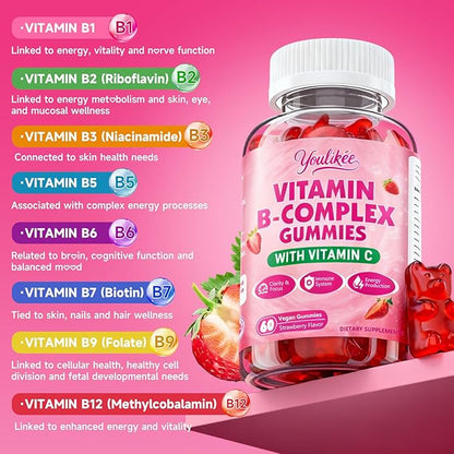 2 Pack Vitamin B-Complex Gummies for Women & Men, Methyl B12, B1, B2, B3, B5, B6, B7 & B9 - Vitamin B Complex with Vitamin C Supports Energy & Immune Function, Strawberry Flavor, 120 Count