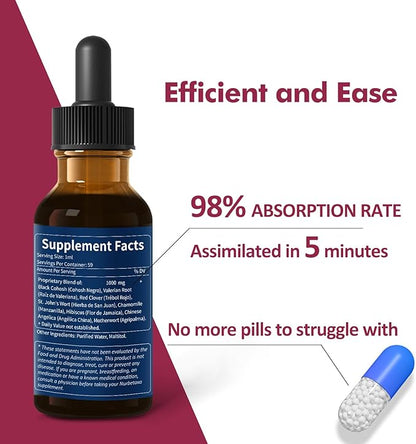 Black Cohosh Liquid Drops for Menopause Hot Flashes, 8-in-1 Herbal Supplements Tincture w/Red Clover, Motherwort Extract for Night Sweats. Cimicifuga & Valeriana para Menopausia. 2oz