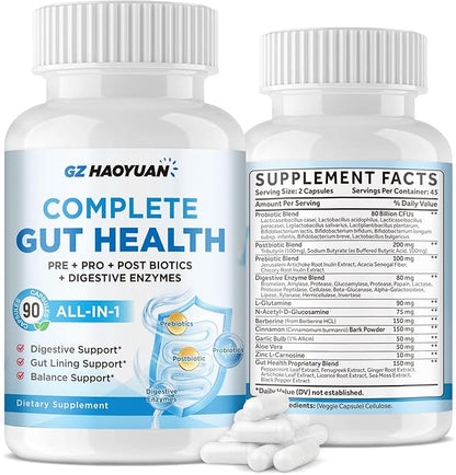 All-in-1 Gut Health with Probiotics, Prebiotics, Postbiotics & Digestive Enzymes for Women & Men, Complete Gut Health & Digestive Support Supplement, Immune Health Support, 90 Capsules
