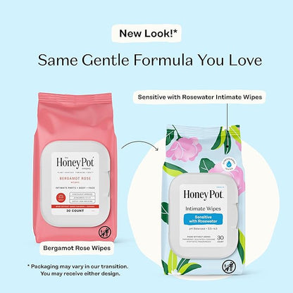 The Honey Pot Company - Feminine Wipes - Daily PH Balancing, Fragrance & Sulfate Free Wipes for Intimate Parts, Body, or Face - Hygiene Products - Sensitive w/Rosewater - 30 ct