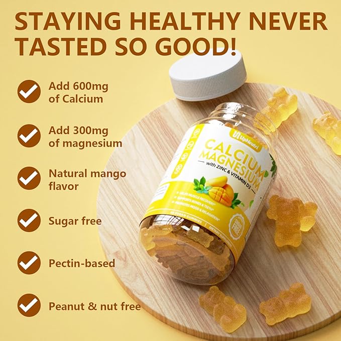 Calcium Magnesium Zinc with Vitamin D3 Supplement, Sugar Free Calcium Gummies for Women Men, High Absorption Zinc Gummies for Bone & Muscle & Immune Health, Vegan Mango Flavor - 60 Count
