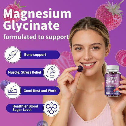 Magnesium Glycinate Gummies 1000mg, Sugar Free Magnesium Supplement with Potassium, Vitamin D, B6, CoQ10 for Sleep Support, Stress & Muscle Relief - 60 Mixed Berry Flavored Gummies