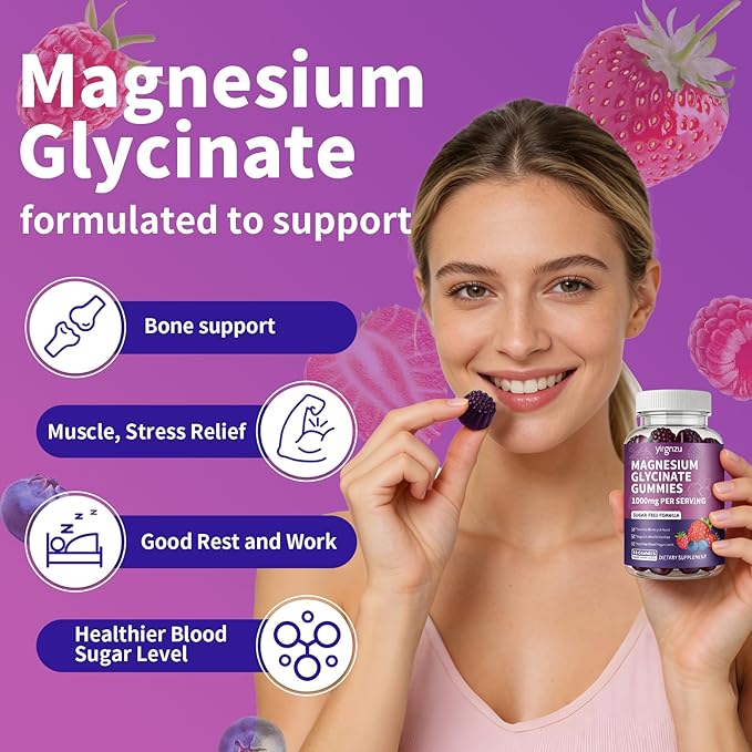 Magnesium Glycinate Gummies 1000mg, Sugar Free Magnesium Potassium Supplement with Vitamin D, B6, CoQ10 for Sleep Support, Stress & Muscle Relief - 120 Mixed Berry Flavored Gummies
