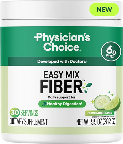 Physician's CHOICE Easy Mix Fiber for Digestive Health & Regularity - No Grit - Daily Prebiotic Soluble Fiber Powder Supplement for Women and Men - Cucumber Lime - 30 Servings
