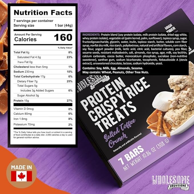 Protein Crispy Rice Treats, 15g Protein, 3g-7g Net Carbs, Low Carb, Fluffy, Soft, Chewy, Gluten Free, High Fiber, Keto-Friendly, No Aftertaste (Salted Toffee Crunch, 5 Pack)