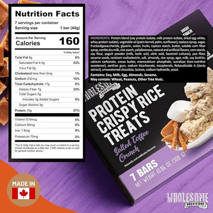 Protein Crispy Rice Treats, 15g Protein, 3g-7g Net Carbs, Low Carb, Fluffy, Soft, Chewy, Gluten Free, High Fiber, Keto-Friendly, No Aftertaste (Salted Toffee Crunch, 5 Pack)