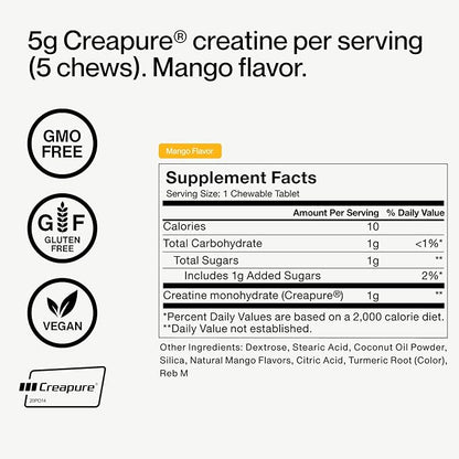 Momentous Creatine Chews - Creatine Monohydrate - Supports Strength, Lean Muscle, & Recovery for Men & Women - NSF Certified for Sport - 150 Chewable Tablets - Mango