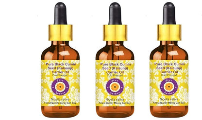 Deve Herbes Pure Black Cumin Seed (Kalaunji) Carrier Oil (Nigella Sativa) with Glass Dropper Cold Pressed (Pack of Three) 100ml X 3 (10 oz)