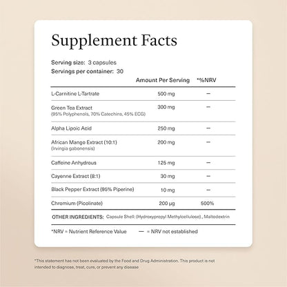 Metabolism Booster & Thermogenic Fat Burner | Natural Weight Loss Support & Appetite Suppressant for Women | Green Tea Extract, L-Carnitine, Caffeine, Cayenne, Chromium | Burn Belly Fat & Boost Energy