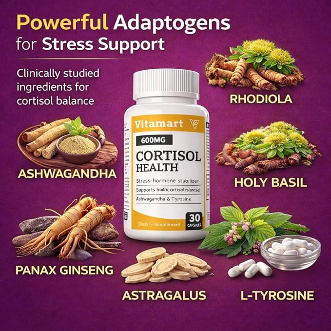 Cortisol Supplements for Women & Men | Ashwagandha Extract, Rhodiola & Adrenal Support Blend | Cortisol Manager & Reducer for Stress, Mood & Sleep Calm | Cortisol Health with Adaptogens, 30 Count