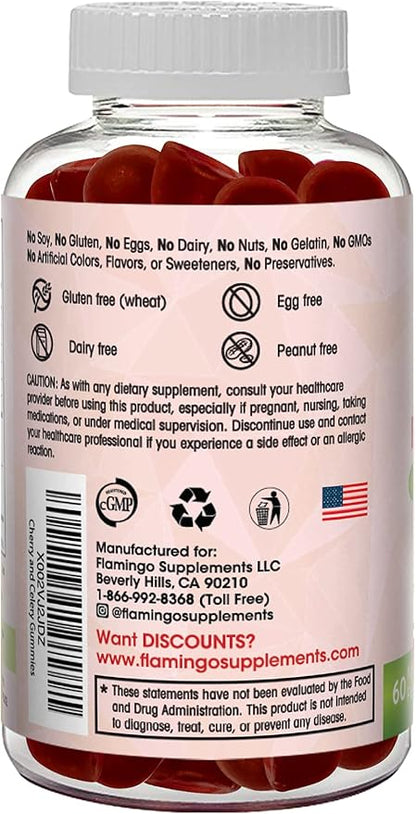 Flamingo Supplements Tart Cherry Gummies (2000mg) with Celery Extract (400mg)- Sleep, and Joints- Tart Cherry Extract Alterative to Tart Cherry Juice Concentrate, Capsules, or Powders - 60 Count