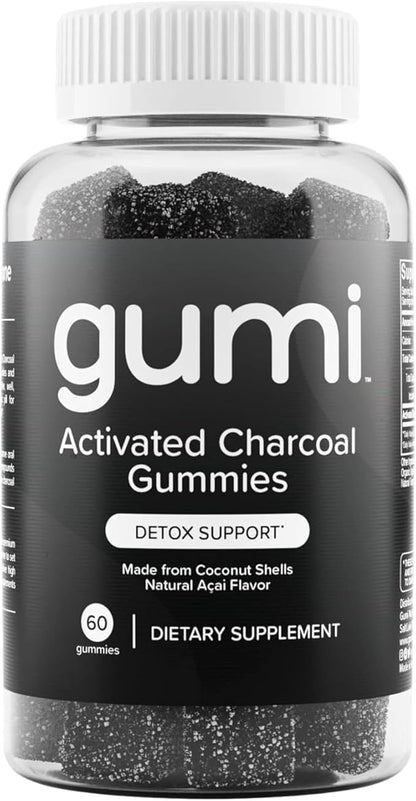 Gumi Nutrition Coconut Activated Charcoal Gummies - Charcoal Supplements for Detox, Oral Health & Gut Health - 200mg Gummy Vitamin - Gluten Free, Vegan & Non GMO - Natural Açaí Flavor (60 Count)