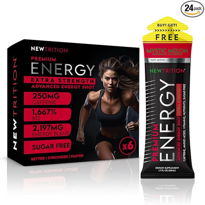 NewTrition® Extra Strength Energy Shots, 1.7 fl oz - 250mg Caffeine with Vitamin B & Amino Acids, Sugar-Free, Zero Calorie Vitamin Energy Drink for Focus & Endurance (Pack of 6, Mystic Melon)
