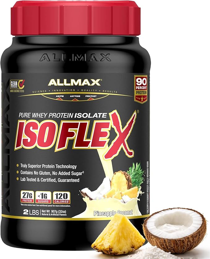ALLMAX ISOFLEX Pure Whey Isolate Protein Powder - Gluten Free, Low Lactose, Sugar-Free - High-Protein, Clean, Keto-Friendly, Pre Post Workout Supplement for Women and Men | Pineapple Coconut, 2lb