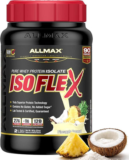 ALLMAX ISOFLEX Pure Whey Isolate Protein Powder - Gluten Free, Low Lactose, Sugar-Free - High-Protein, Clean, Keto-Friendly, Pre Post Workout Supplement for Women and Men | Pineapple Coconut, 2lb