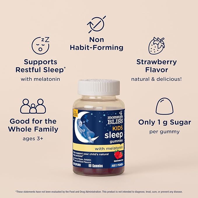 Mommy's Bliss Kids Sleep Gummies with Melatonin, Support Your Natural Sleep Process, Age 3 Years to Adults, Strawberry Flavor, 1G of Sugar, 60 Gummies (Pack of 3)