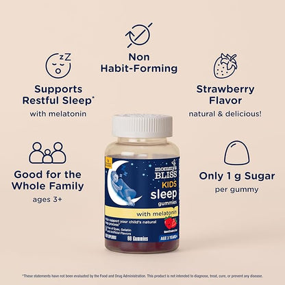 Mommy's Bliss Kids Sleep Gummies with Melatonin, Support Your Natural Sleep Process, Age 3 Years to Adults, Strawberry Flavor, 1G of Sugar, 60 Gummies (Pack of 3)