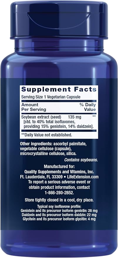 Life Extension Soy Isoflavones, Heart, Bone & Cellular Health Support for Post-menopausal Women, Gluten-Free, Non-GMO, Vegetarian, 30 Capsules