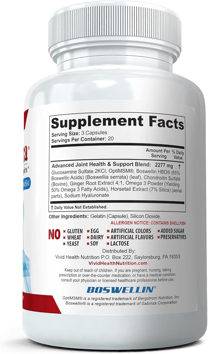 (3 Bottles Maximum Strength Joint Health & Support Supplement | Glucosamine, Chondroitin, Hyaluronic Acid & MSM | Flexibility Support for Healthy Knee & Back. 60 Capsules Each