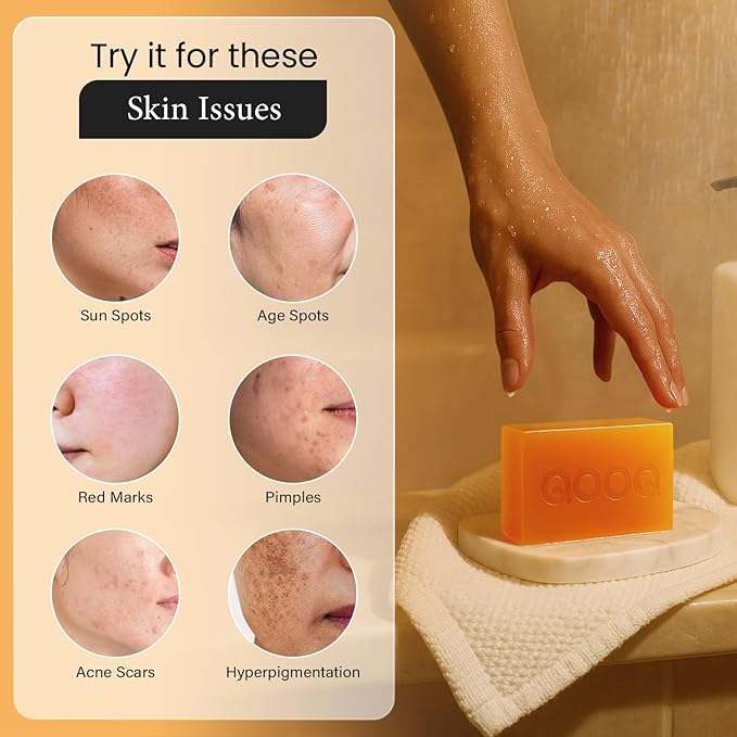 QOOQ Turmeric Kojic Acid Soap for Dark Spots Remover – Facial Cleansing Bar with Vitamin C, Retinol, Collagen, Vitamin E, Glycerin, Shea Butter & Castile Olive Oil – Soap for Women & Men (120g x 2)