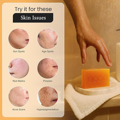 QOOQ Turmeric Kojic Acid Soap for Dark Spots Remover – Facial Cleansing Bar with Vitamin C, Retinol, Collagen, Vitamin E, Glycerin, Shea Butter & Castile Olive Oil – Soap for Women & Men (100g)