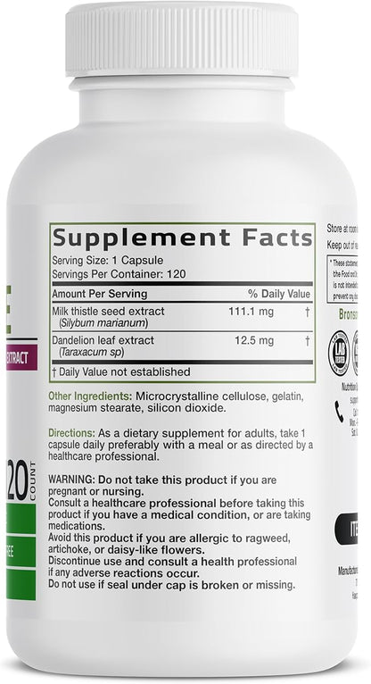 Bronson Milk Thistle Silymarin Marianum & Dandelion Extract Liver Health Support, Antioxidant Support, Detox, 120 Capsules