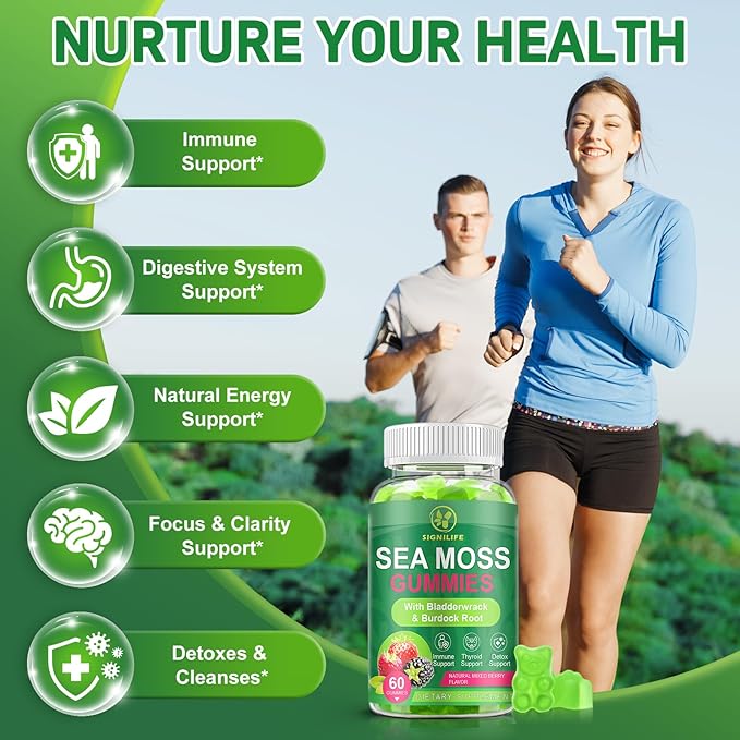 Organic Sea Moss Gummies,with Black Seed Oil,Bladderwrack,Burdock Root, Vegan Irish Sea Moss Gummy Vitamins for Immune, Thyroid and Detox Support, Gluten-Free - 120 Gummies