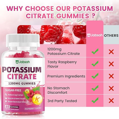 Potassium Citrate Gummies 1200mg, Sugar-Free Potassium Supplement for Adults Women & Men, Supports Leg Cramps & Muscle & Heart Health, Vegan, Gluten Free - Raspberry Flavor (60 Count)
