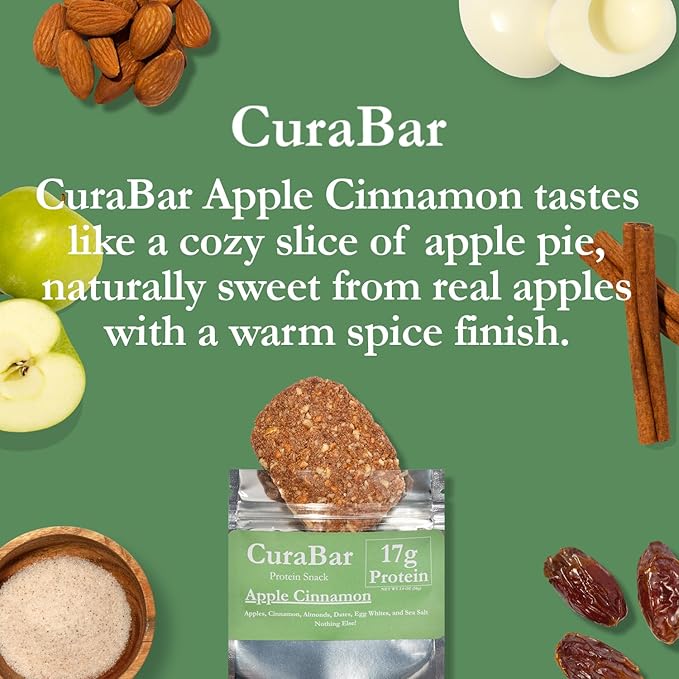 CuraBar Protein Bars – 17g Protein, Low Carb, Gluten Free, Dairy Free, Healthy Snack, Seed Oil Free, No Artificial Ingredients, 12 Count, Apple Cinnamon