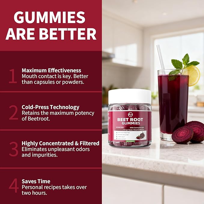 M inch Beet Root Gummies, Blood* Pressure Support & Nitric Oxide Booster, 8-in-1 Wellness Formula with Grape Seed, Coq10, Folic Acid, Vitamin C, B3 & B12, Sugar Free, Vegan, Pomegranate Flavor, 2 Pack