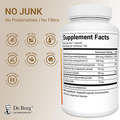 Dr. Berg Maximum Strength 2-in-1 Vitamin D3 K2 10,000 IU | Naturally Derived D3 | 4X Lab-Tested & Verified | High Absorption Formula | K2 D3 Vitamin Supplement - 120 Capsules