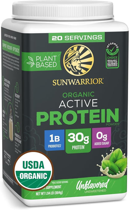 Sunwarrior Organic Plant Based Protein Powder | Vegan Organic Protein Powder with BCAA Amino Acids Plus Recovery Minerals & Botanicals | Non-GMO Soy Dairy & Gluten Free (Unflavored, 20 Servings)
