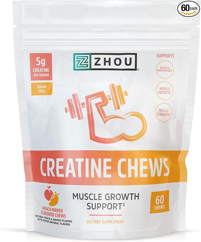 ZHOU Creatine Chews - Creatine Monohydrate Gummies for Men & Women with Vitamin B12, Sugar Free, Vegan, Organic, Non GMO, 5g Per Serving - Peach Mango Flavor, 20 Servings, 60 Chews