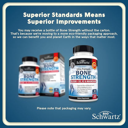 BioSchwartz Bone Strength Supplement - Gentle Non-Constipating Bone Health Supplement for Women & Men with 9-in-1 Complex with Calcium Magnesium Zinc D3 K2 & More - 3rd Party Tested - 1 Month