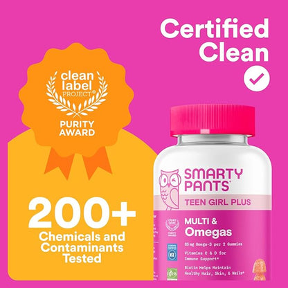 SmartyPants Teen Girl Multivitamin Gummies, Omega 3 (DHA/EPA), Vitamin C, D3, B12, Vitamin A, K & Zinc, Biotin to Support Hair, Skin & Nails, Gluten Free, 60 Count (30 Day Supply)