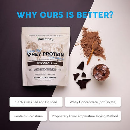 Paleovalley 100% Grassfed Whey Protein Powder with Colostrum, 30 Serving - Chocolate, 13g Protein, Muscle Building, Immune Support, Gut Health