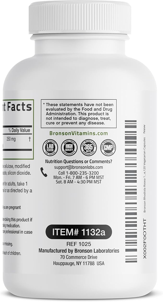 Bronson Rhodiola Rosea Vegetarian Capsules - Adaptogenic Herb - Brain, Stress & Mood Support - Non-GMO, 120 Count