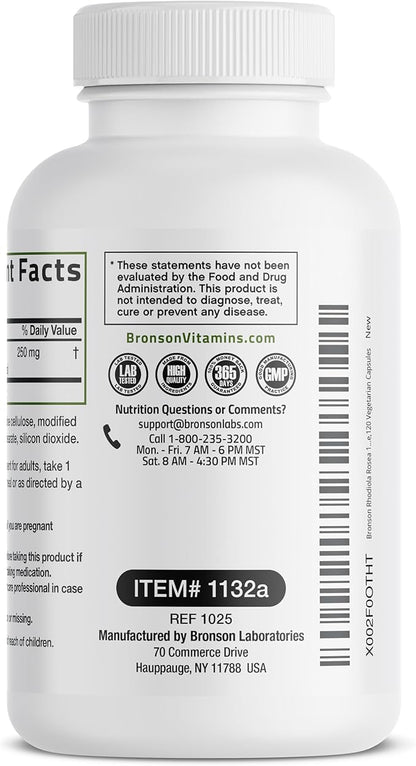 Bronson Rhodiola Rosea Vegetarian Capsules - Adaptogenic Herb - Brain, Stress & Mood Support - Non-GMO, 120 Count