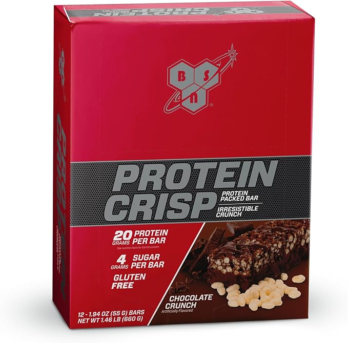 BSN Protein Crisp Bar, Chocolate Crunch, 20 Gram Protein Snack Bars with Whey and Fiber, Gluten-Free Crunchy Energy Bars for Workout, Fitness, On-the-Go, 12 Count