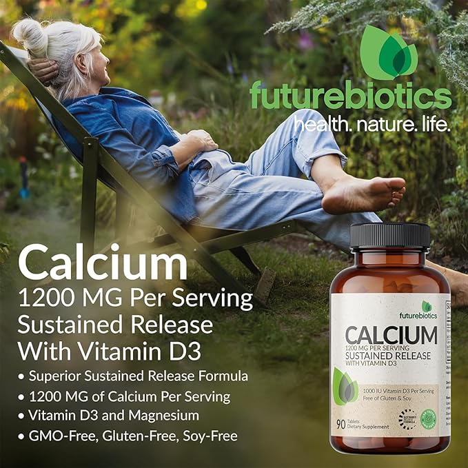 Futurebiotics Calcium 1200 MG Per Serving Sustained Release with Vitamin D3 1000 IU Per Serving Non-GMO, 180 Vegetarian Tablets