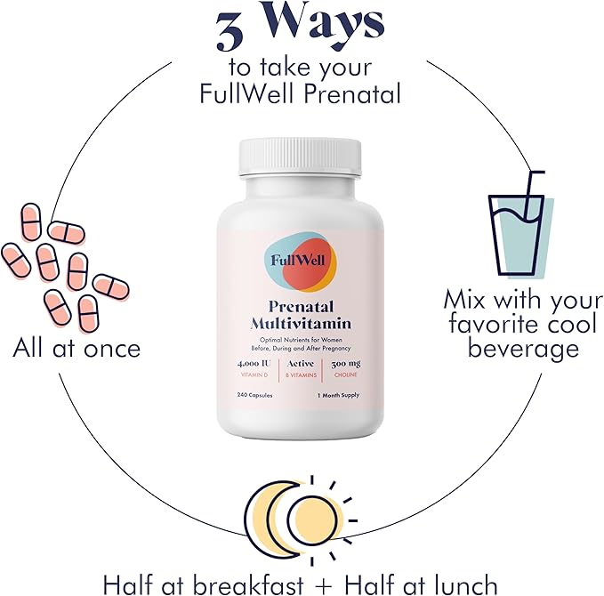 FullWell Women's Prenatal Multivitamin - Healthy Pregnancy Support - Contains Choline & Folate - Supports Fetal Growth & Brain Development* - 240 Count (30 Servings)