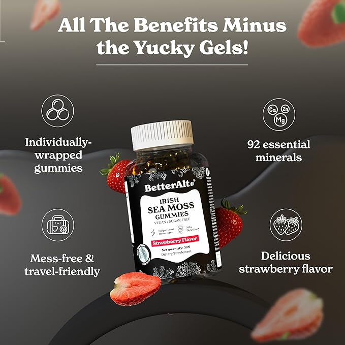 Better Alt Irish Sea Moss Gummies | Strawberry Flavor | Lab-Tested for Purity | Supports Immune Health & Energy | 1-Month Pack