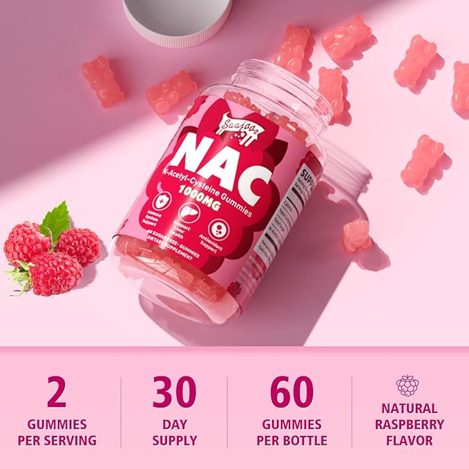 2 Pack NAC Gummies Sugar-Free, N-Acetyl Cysteine NAC Supplement 1000mg for Antioxidants, Immune Support, Non-GMO, Gluten-Free, Vegan – Raspberry Flavor, 120 Gummies