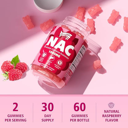 2 Pack NAC Gummies Sugar-Free, N-Acetyl Cysteine NAC Supplement 1000mg for Antioxidants, Immune Support, Non-GMO, Gluten-Free, Vegan – Raspberry Flavor, 120 Gummies