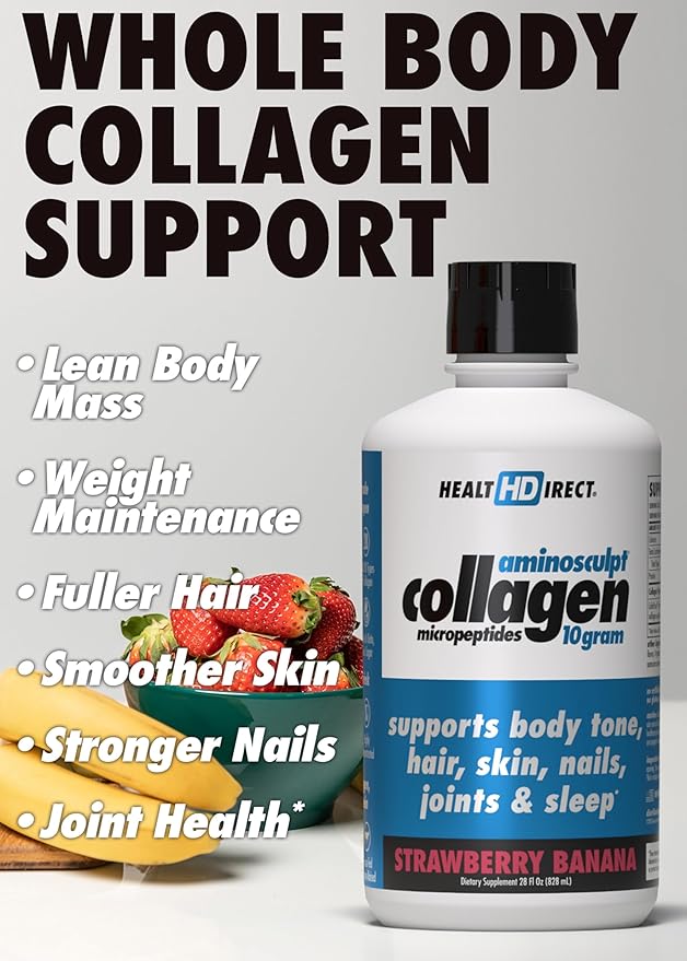 HEALTH DIRECT – AminoSculpt Liquid Collagen Micropeptides – 28 FL Oz – 28 Servings – 10 Grams of Premium Medical-Grade Liquid Collagen for Women – Strawberry Banana