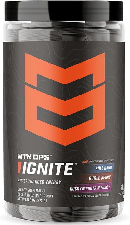 MTN OPS Ignite Sugar Free Energy Drink Powder Variety Pack with 200mg Caffeine, Travel Pre Workout Packets for to-Go Energy, Nootropic Blend, L Arginine & L Citrulline, Backcountry Flavors