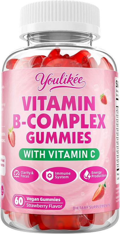 Vitamin B-Complex Gummies for Women & Men, Methyl B12, B1, B2, B3, B5, B6, B7 & B9 - Vitamin B Complex with Vitamin C Supports Energy & Immune Function, Strawberry Flavor, 60 Count
