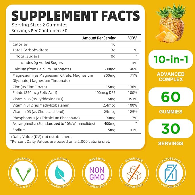 Calcium Magnesium Zinc Gummies with Vitamin D3, Sugar Free Calcium Gummies for Women Men, High Potency Magnesium for Bone & Muscle & Immune Health, Pineapple Flavor - 120 Count